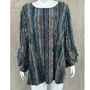 Cocomo Top Womens Plus 3X Green Stripe Textured Long Tiered‎ Sleeve Stretch Work